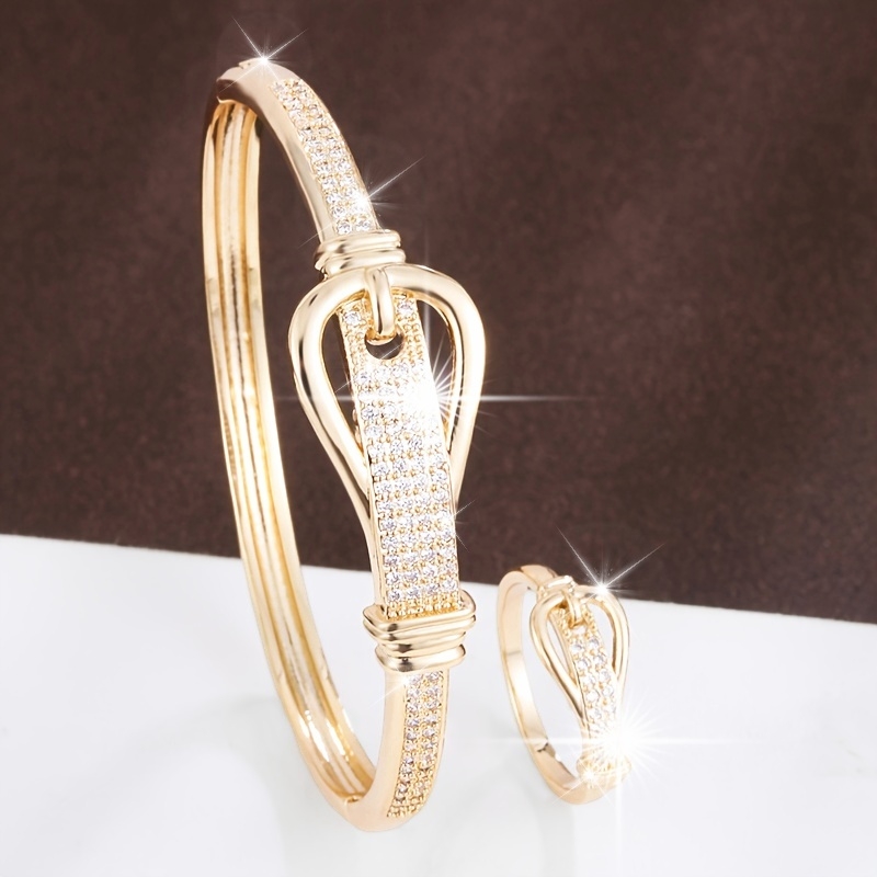 Stylish Buckle Zirconia Copper Bracelet & Ring Set